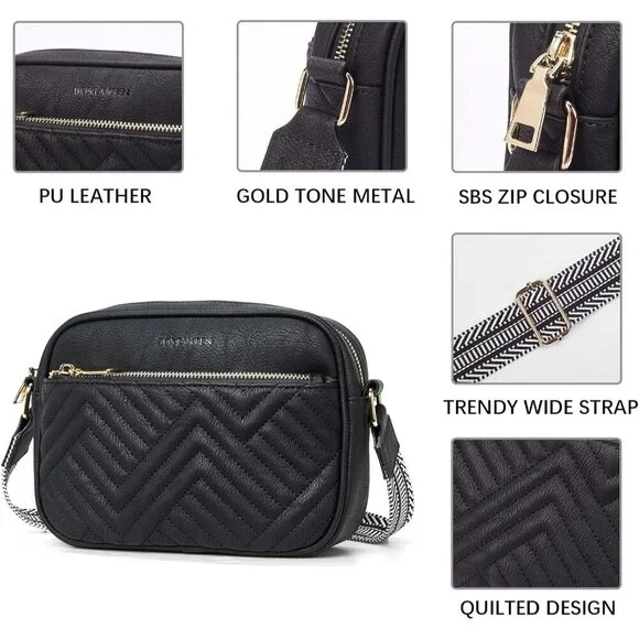 Quilted Vegan Leather Crossbody Black Bag Women Wide Strap and Shoulder Use - Picture 5 of 8